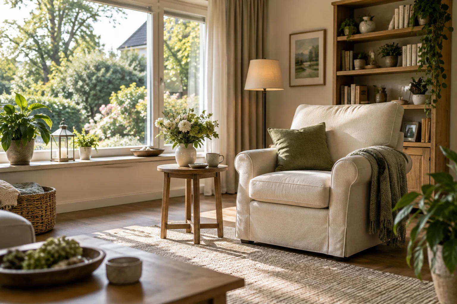 Ruhiges Wohnzimmer mit Sessel und Gartenblick als Symbol für fortbestehende Nutzung beim Hausverkauf
